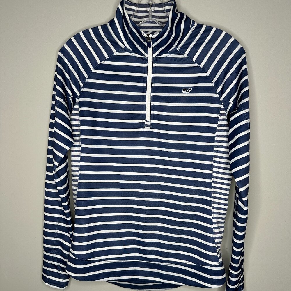 Vineyard Vines Performance Size S Blue & White Striped 1/4 Zip Top